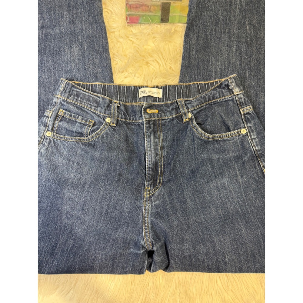 Zara Womens Dark Wash Elastic Waist Straight Leg Jeans Blue Denim Size 8
